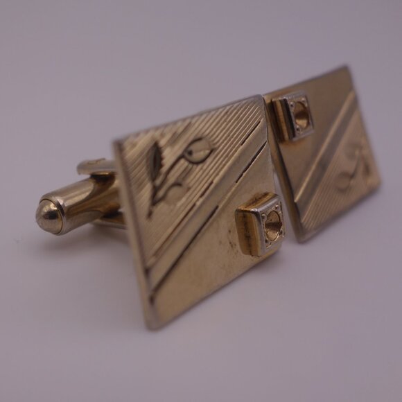 Gold Color Rectangle Cuff Links with Design - Picture 2 of 12